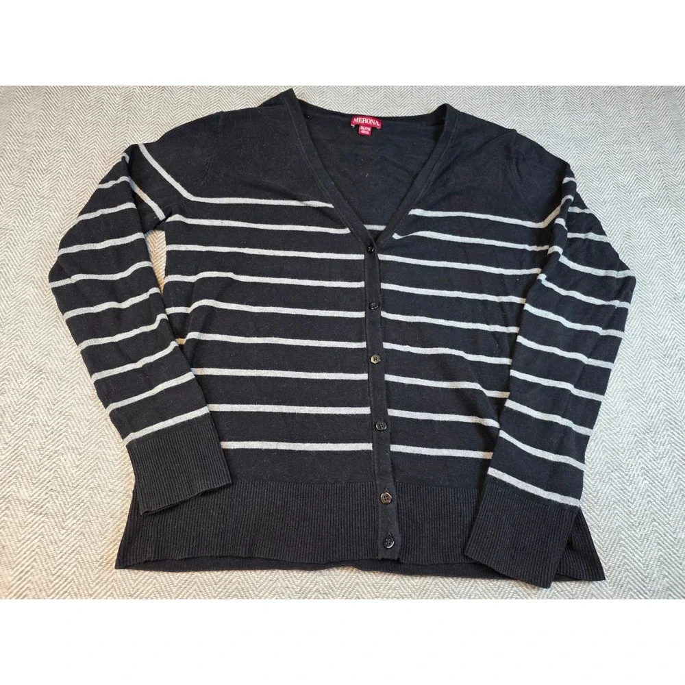 Merona Womens XL Black Gray Striped V-Neck Button Front Cotton Cardigan Sweater